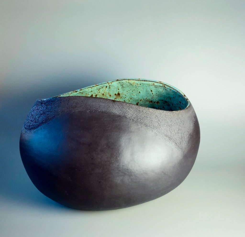 Hand-built black clay ceramic vessel by Moira Mulvey